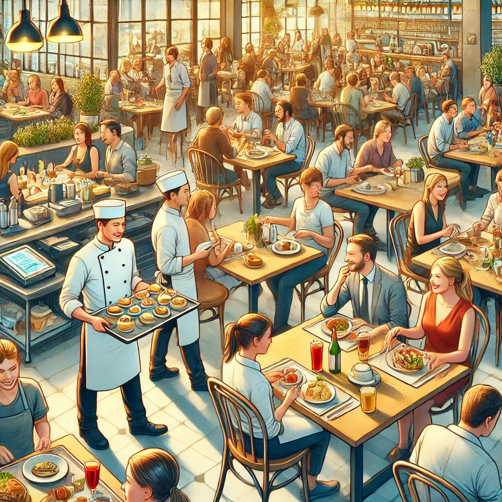suasana restoran yang penuh dengan pelanggan di setiap meja, banyak orang yang sedang mengantri di kasir, dan pelayan yang sibuk membawa makanan ke meja-meja. Atmosfernya akan terasa hidup dan ramai, menunjukkan popularitas dan kesuksesan bisnis kuliner tersebut.